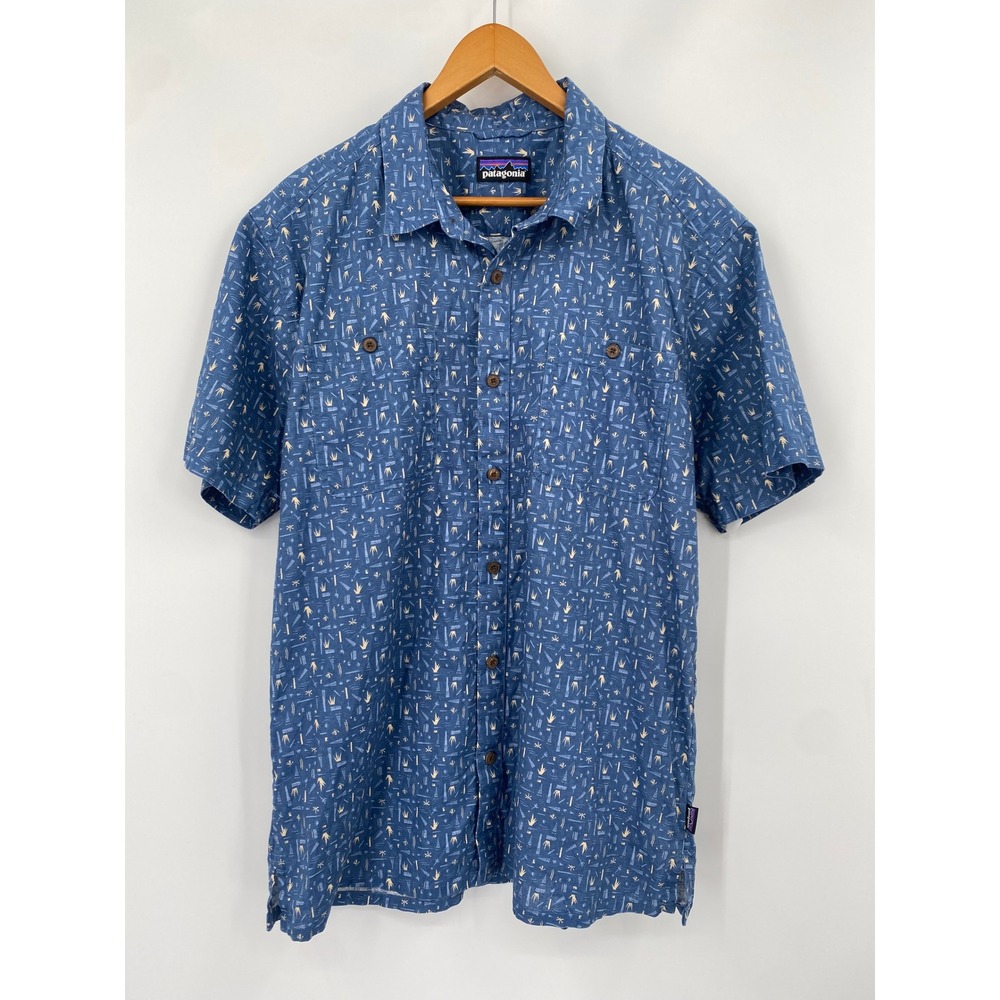 Patagonia Button Down Blue Hemp Cotton Short Sleeve Patterned Shirt
